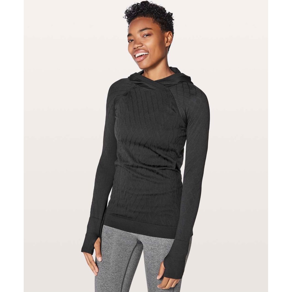 Lululemon Rest Less Hoodie Women Sz 8 Black Jacquard Knit Long Sleeve Excellent‎